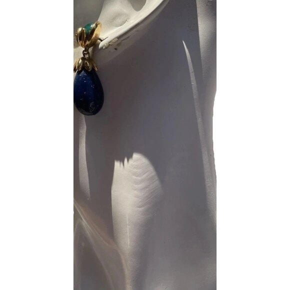 Vintage Neoclassical Faux Malacite & Faux Lapis Lazuli Gold Tone Earrings Boho - Picture 5 of 11